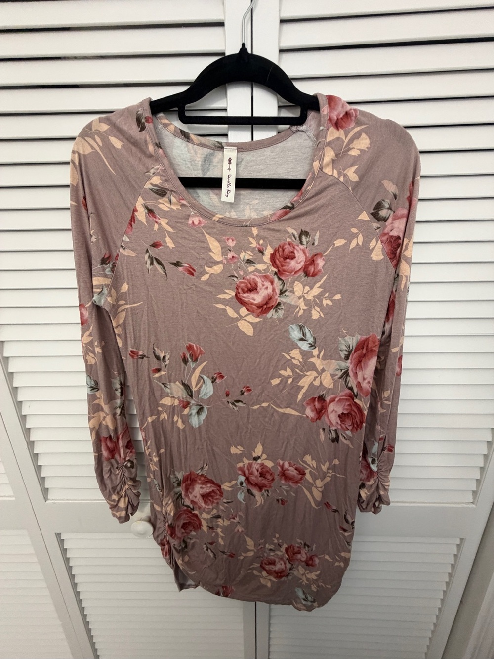 Floral Long Sleeve Women's Side Ruching Tunic Top - Dusty Mauve - Size L